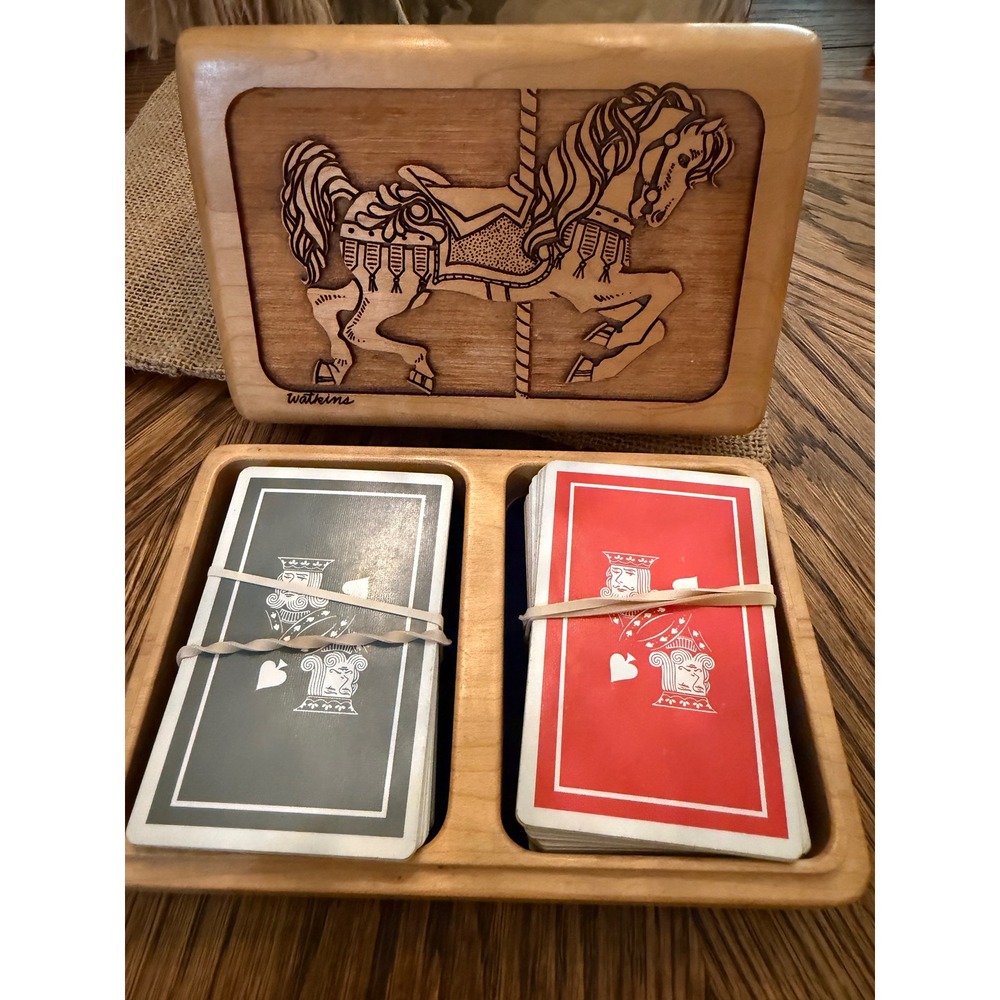 Las-Art Handcrafted Hardwood Carousel Horse Trinket Box Blue Velvet Lining 2pc - Picture 4 of 4